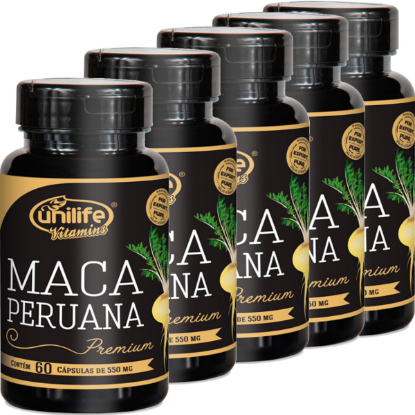 Kit com 5 Frascos de Maca Peruana Premium Pura Unilife 60 Capsulas 550mg
