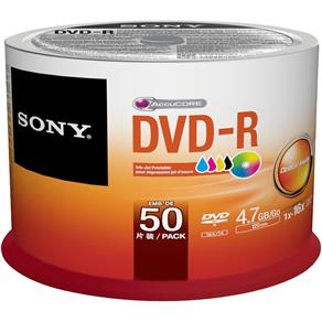 Kit com 50 DVD-R Printable 120 Min 4.7GB 16x 50DMR47FBZ2LA SONY