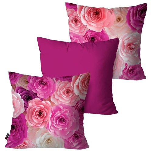 Kit com 3 Almofadas Decorativas Rosa Flowers