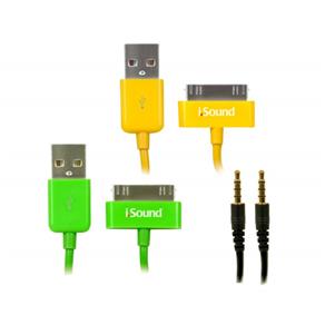 Kit com Cabos para Carga, Sincronismo e Áudio de IPad, IPhone ou IPod - Verde/Amarelo