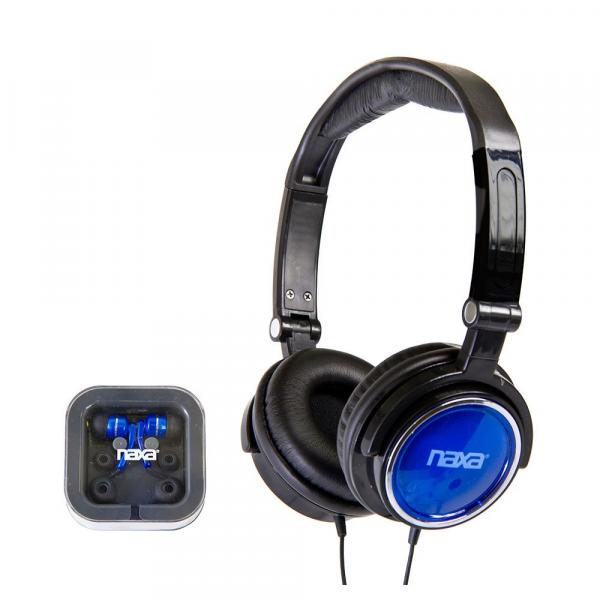 Kit com 2 Fones de Ouvido: Headphone Dobrável e Earphone com Encaixe de Silicone Azul- NAXA