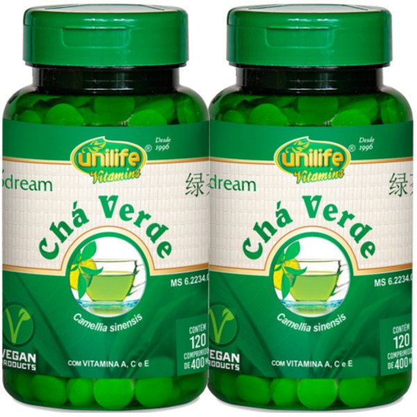 Kit com 2 Frascos de Chá Verde Comprimidos Biodream Unilife 120 Comprimidos 400mg