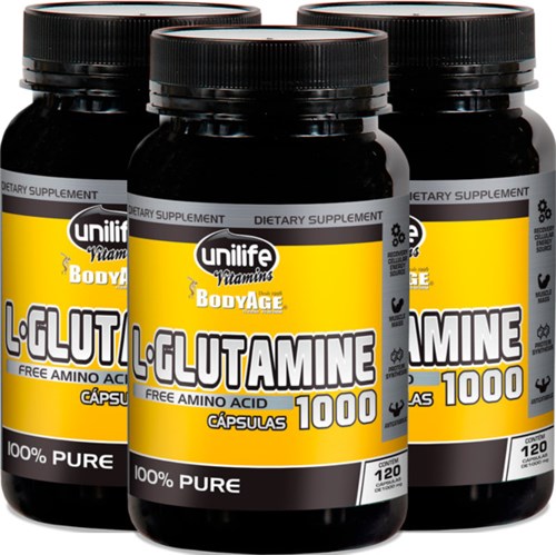 Kit com 3 Frascos de L-Glutamina 100% Pura 120 Cápsulas Unilife