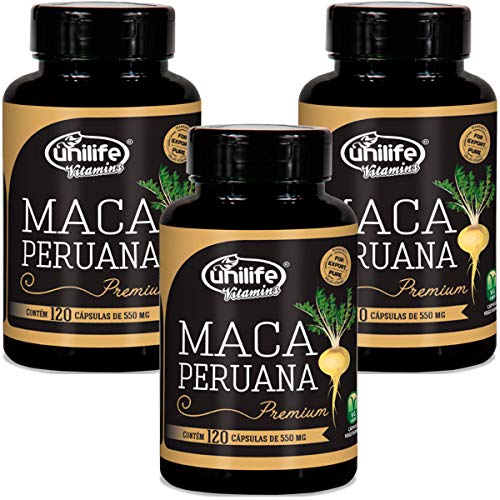 Kit com 3 Frascos de Maca Peruana Premium Pura Unilife 120 Capsulas 550mg