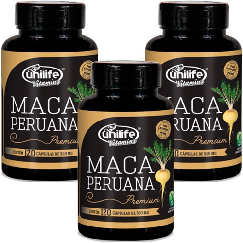 Kit com 3 Frascos de Maca Peruana Premium Pura Unilife 120 Capsulas 550Mg