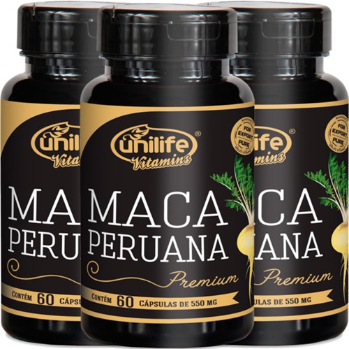 Kit com 3 Frascos de Maca Peruana Premium Pura Unilife 60 Capsulas 550mg