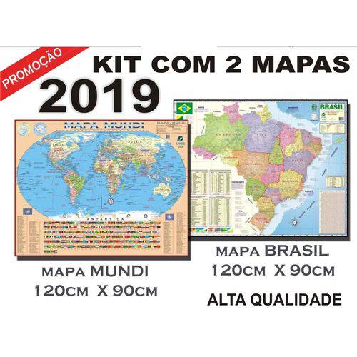 Kit com 2 Mapas - Mundi + Brasil Escolar 120 Cm X 90 Cm Edição 2019
