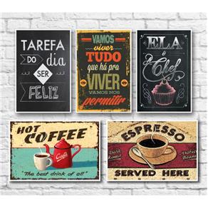 Kit com Placas Decorativas - Frases e Café - 05 Placas