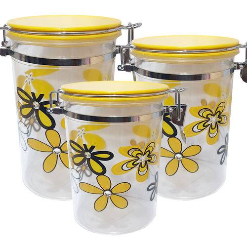 Kit com 3 Potes Floral Amarelo Herméticos com Trava Vedação