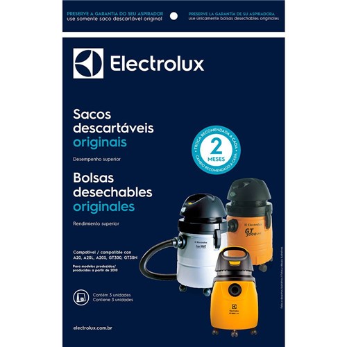 Kit com 3 Sacos Descartáveis Electrolux para Aspirador de Água e Pó Electrolux Modelos A20 Smart A20 A20L GT3000