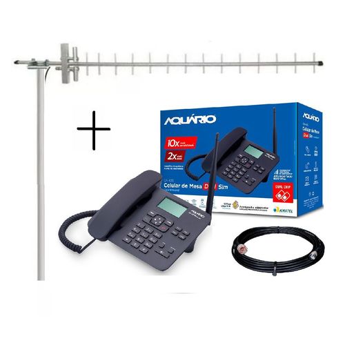 Kit Completo de Telefone Rural Desbloqueado Aquário CA-42S + Antena de Celular + Cabo 10 Metros