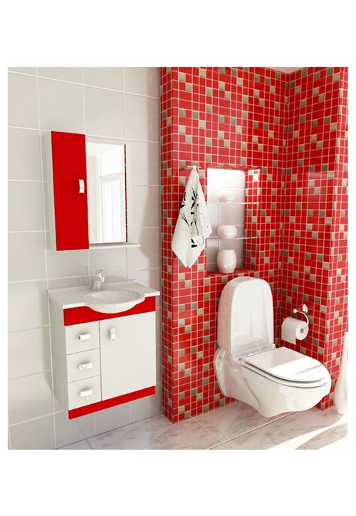 Kit Completo para Banheiro 60 Cm com 3 Peças Pratiko Branco e Vermelho Tomdo