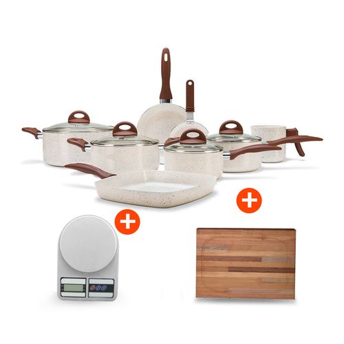 Tudo sobre 'Kit Conjunto de Panelas Ceramic Life Smart Plus Vanilla 8 Peças- Brinox + Balança Digital Até 10 Kg + Tábua Churrasco'