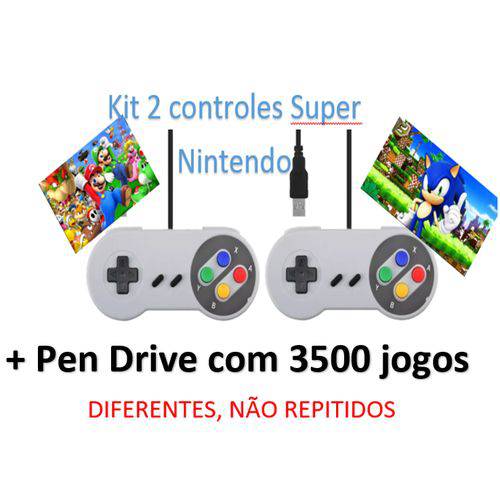 Kit 2 Controles/joystick Super Nintendo USB + Pendrive com 3500 Jogos Jogos de Super Nintendo, Mega Drive, Master System, Nintendo 8 Bits e ATARI !!