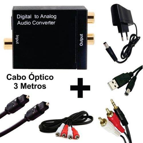 Tudo sobre 'Kit Conversor Áudio Digital para Rca + Cabo Óptico Toslink 3 Mts + Cabo Áudio Rca X Rca e Rca X P2'