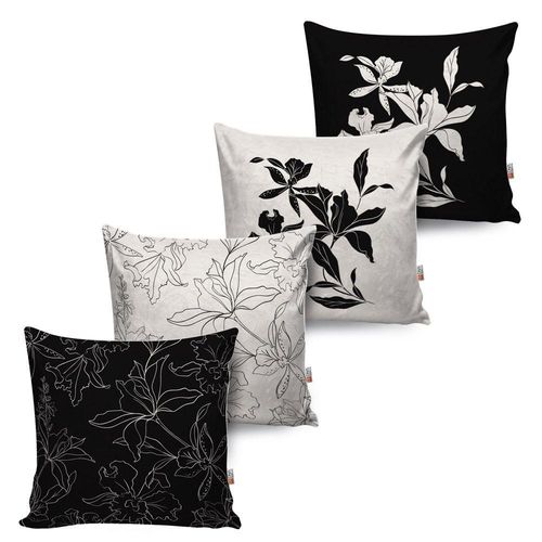 Kit de 04 Almofadas Dna Home Floral Preto e Branco 45x45