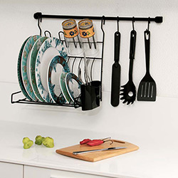Kit de Cozinha: 1 Barra + 3 Ganchos + 1 Escorredor Dobrável +1 Kit Fixação Preto - Metaltru