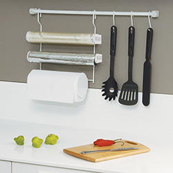 Kit de Cozinha: 1 Barra+3 Ganchos+1 Porta Rolos Triplo+1 Kit Fixação Branco