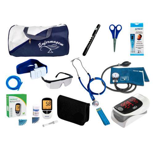 Kit de Enfermagem Super Luxo com Aparelho de Pressão Premium Oxímetro e Kit Medidor de Glicose