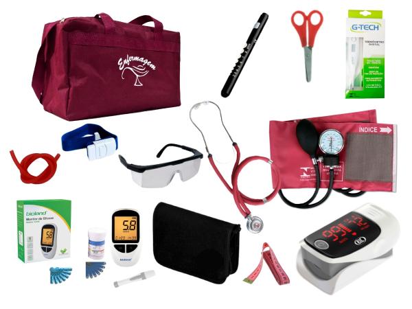 Tudo sobre 'Kit de Enfermagem Super Luxo com Aparelho de Pressão Vinho Premium C/ Bolsa Modelo 2'