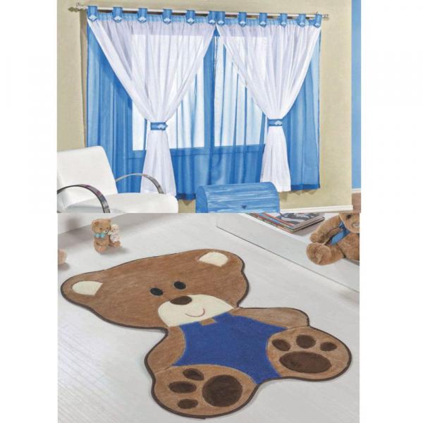 Kit Decoração Bebê Urso P/ Quarto Infantil = Cortina Juvenil 2 Metros + Tapete Pelúcia - Azul Royal - Guga Tapetes