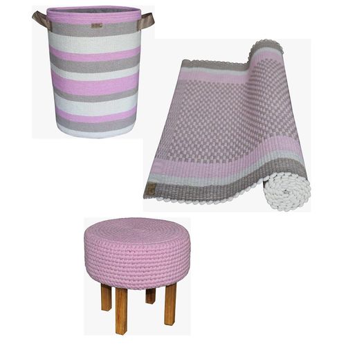 Kit Decoração Infantil Quarto Tapete Tear de Pedal em Algodão Banqueta e Cesto