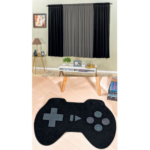 Kit Decoração Kids Quarto Infantil = Cortina Malha 2 Metros + Tapete Pelúcia Controle Vídeo Game - Preto