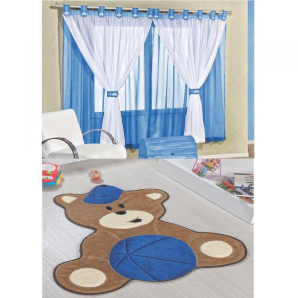 Kit Decoração Urso Baby P/ Quarto Infantil = Cortina Juvenil 2 Metros + Tapete Pelúcia - Azul Royal - Guga Tapetes
