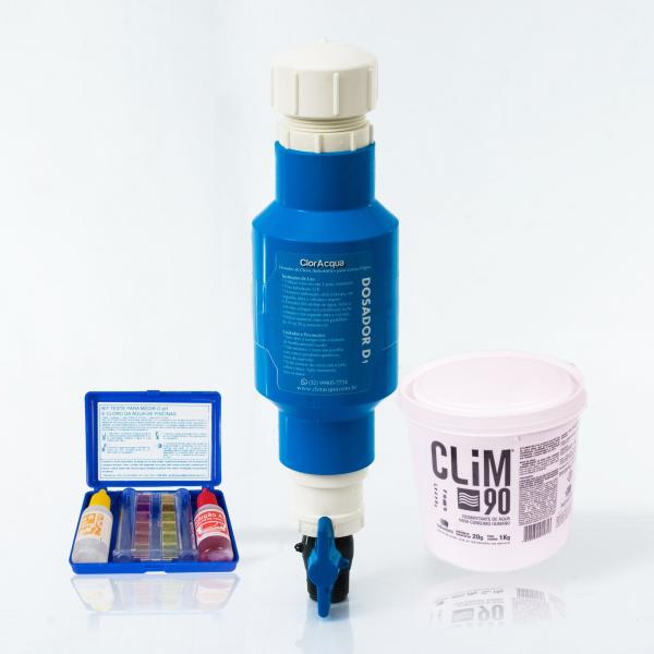 Kit Dosador de Cloro D1 + Pote 1 Kg Clim90 + Estojo de Análise Cloro/PH - Cloracqua