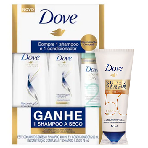 Kit Dove Reconstrução Completa Shampoo 400ml + Condicionador 200ml + Shampoo a Seco Day 2 75ml + Super Condicionador 1 Minuto Fator de Nutrição 170ml