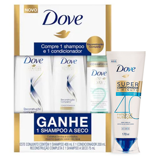 Kit Dove Reconstrução Completa Shampoo 400ml + Condicionador 200ml + Shampoo a Seco Day 2 75ml + Super Condicionador 1 Minuto Fator de Nutrição 170ml
