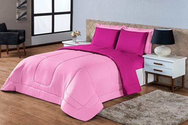 Kit Edredon Ternura Casal Queen 6 Peça Rosa Pink Dupla Face - Rulidry
