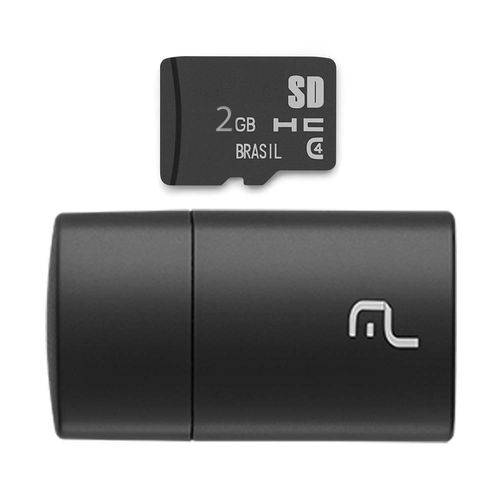 Kit 2 em 1 Leitor USB + Cartão de Memória Micro SD Classe 4 2GB Até 480MB/s Preto Multilaser - MC159