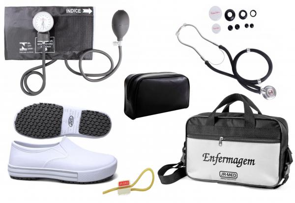 Kit Enfermagem: Aparelho de Pressão com Estetoscópio Rappaport Preto Premium + Sapato Branco + Garrote JRMED + Bolsa - Várias