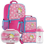 Kit Escolar Infantil Masculino Rosa Mochila + Lancheira + Marmita + Estojo + Squeeze - Jacki Design