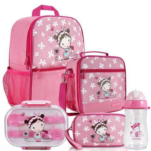 Tudo sobre 'Kit Escolar Infantil Masculino Rosa Mochila + Lancheira + Marmita + Estojo + Squeeze - Jacki Design'