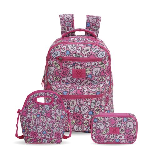 Kit Escolar Mochila + Lancheira + Estojo Teen Estampa Rosa