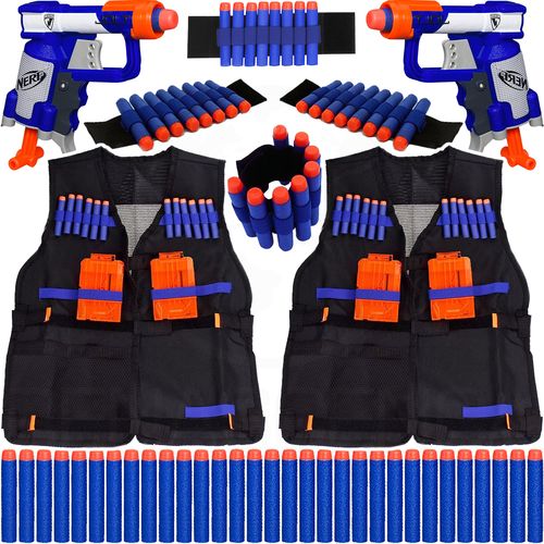 Kit Família 2 Lançadores Jolt Nerf + 2 Coletes + 4 Pulseiras + 60 Dardos de Brinquedo