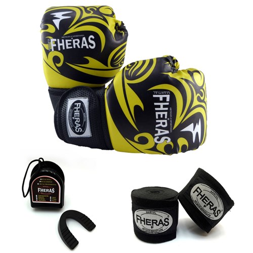 Kit Fheras Boxe Muay Thai Top - Luva Bandagem Bucal - 14 Oz Tribal Amarelo