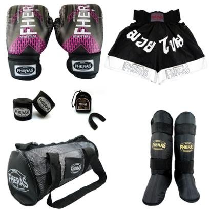 Kit Fheras Boxe Top - Luva + Bandagem Bucal Caneleira Bolsa Shorts