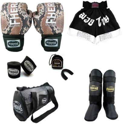 Kit Fheras Boxe Top - Luva + Bandagem + Bucal- Caneleira - Bolsa - Shorts