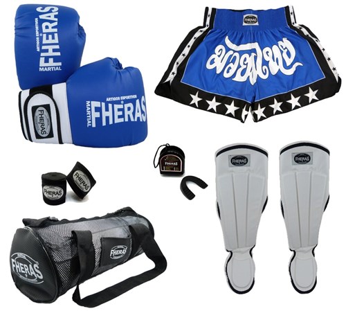 Kit Fheras Muay Thai Orion -Luva Bandagem Bucal Caneleira Bolsa Shorts- Azul