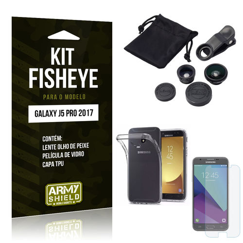 Kit Fisheye Samsung J5 Pro (2017) Película de Vidro + Capa Tpu e Lente Olho de Peixe - Armyshield