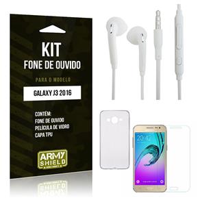 Kit Fone de Ouvido Samsung J3 2016 Fone de Ouvido + Película de Vidro + Capa TPU -ArmyShield