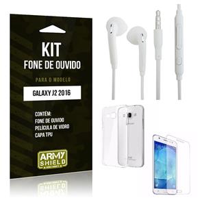 Kit Fone de Ouvido Samsung J2 2016 Fone de Ouvido + Película de Vidro + Capa TPU -ArmyShield