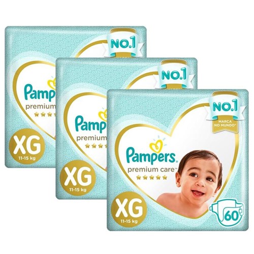 Kit Fralda Pampers Premium Care Jumbo Tamanho XG 180 Unidades Branca