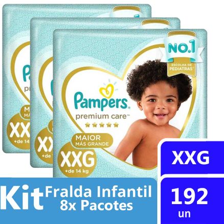 Kit Fralda Pampers Premium Care Tamanho XXG Pacote Mega 192 Unidades