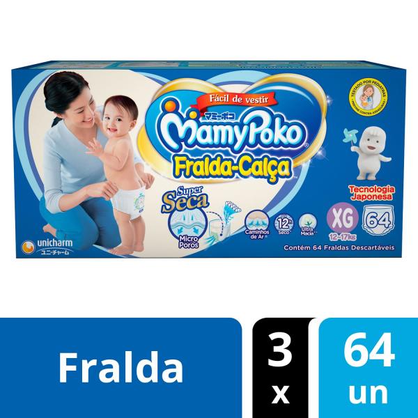 Kit Fraldas Calça MamyPoko Tam. XG 3 Pacotes - com 64 Unidades Cada Dupla Proteção