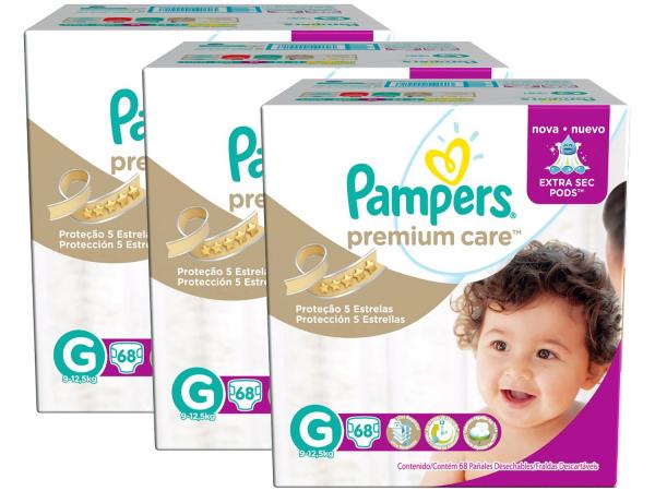 Kit Fraldas Pampers Premium Care Tam G - 3 Pacotes com 68 Unidades Cada