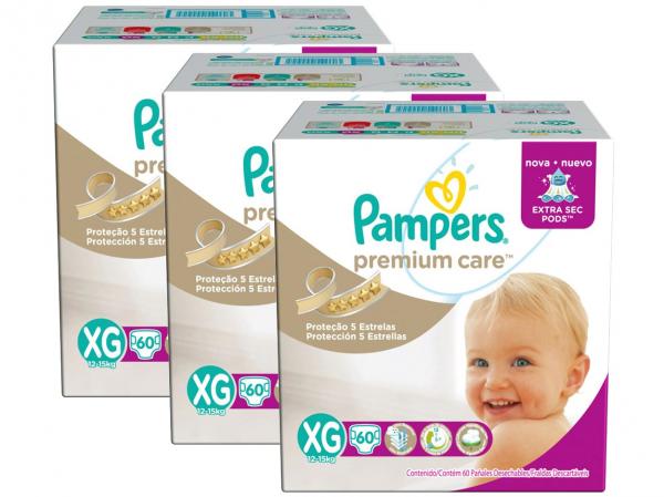Kit Fraldas Pampers Premium Care Tam XG - 3 Pacotes com 60 Unidades Cada